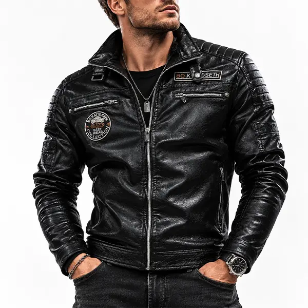 Men’s American vintage biker leather jacket with patches, multiple color options, stand collar, zip closure, cargo pockets; casual faux leather riding jacket Faux Menswear Coats Tops