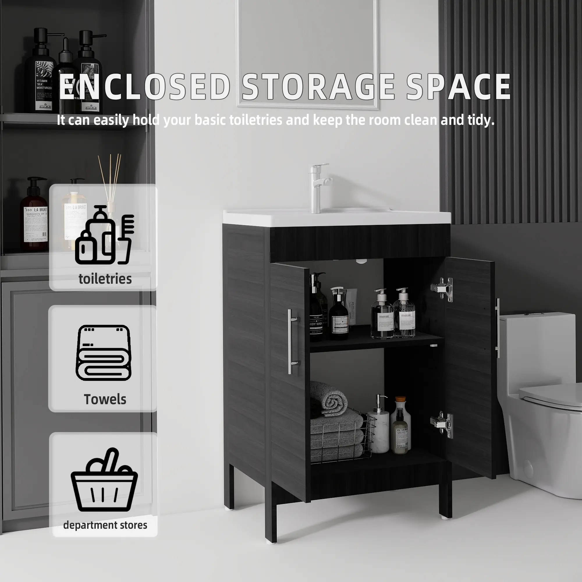 24-Inch Freestanding Bathroom Vanity with Seamless Integrated Ceramic Sink, Sturdy Premium Plywood Cabinet, Moisture-Resistant Waterproof Design, Soft-Close Double Doors, Large Storage Compartment, Eco-Friendly for Small Spaces, Black Walnut