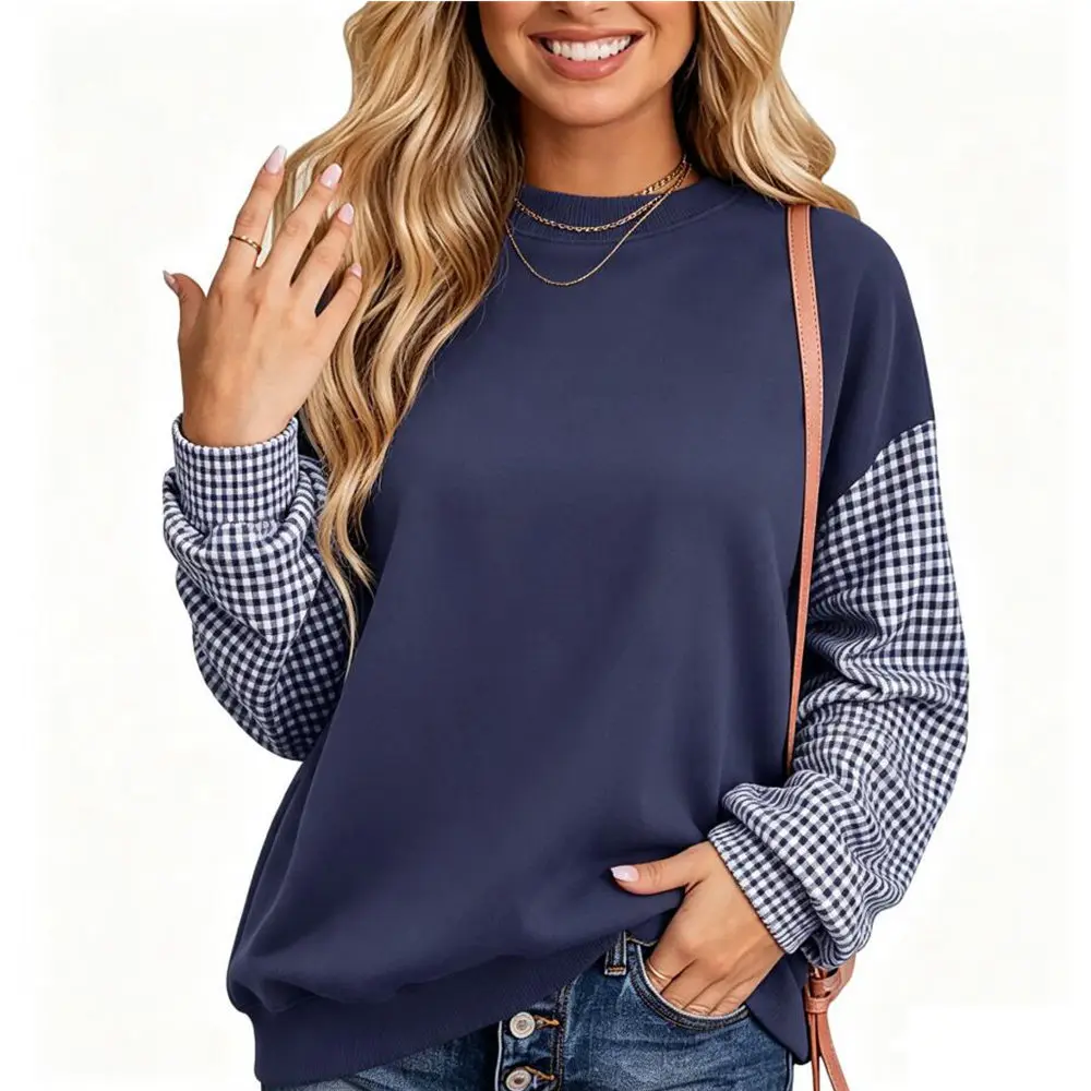 Women Loose Fit Crew Neck Sweatshirt, Contrast Color Plaid Splicing Long Sleeve Oversized Pullover Tops for Fall Daily Casual Outfits