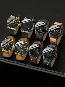 Men's Quartz Watch Set with Roman Numerals Calendar, PU Leather Strap, Analog Dial, Casual Style, Perfect Gift for Men，No box, Fashion Watch, Analog Quartz Watches