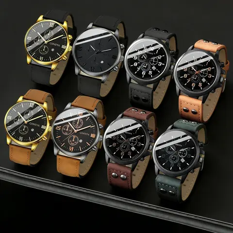 Men's Quartz Watch Set with Roman Numerals Calendar, PU Leather Strap, Analog Dial, Casual Style, Perfect Gift for Men，No box, Fashion Watch, Analog Quartz Watches, Fashionable Watches
