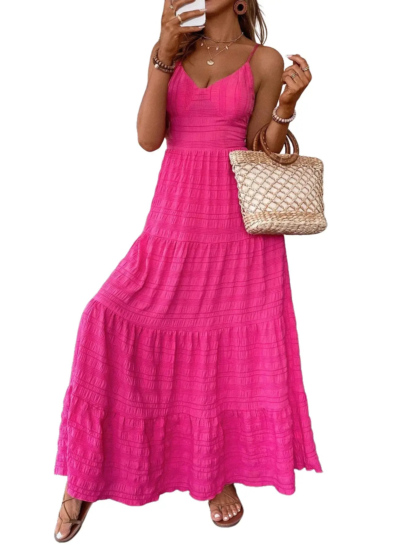 Women’s Backless Tie-Back Maxi Dress, Spaghetti Strap Tiered Flowy Summer Sundress, Boho Vacation Beach Dress