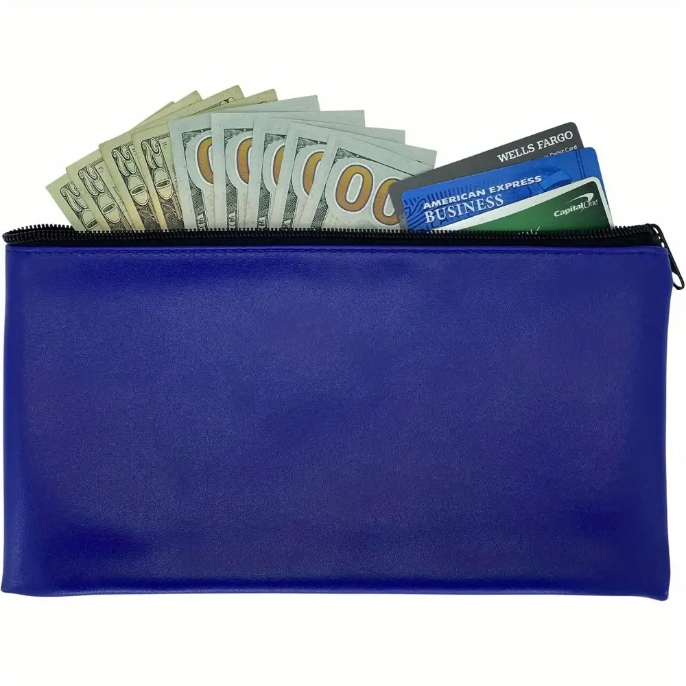 6 Pack Faux Leather Rectangular Zipper Pouches, Secure Utility Money Bags for Cash, Checks, Cosmetics, and Tools, Durable Blue Bank Deposit Pouch Set
