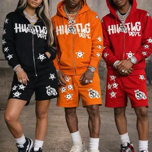Hustle Dept Hoodie/Short Sweatsuit - Black, Orange, and Red Options with Star and Logo Design