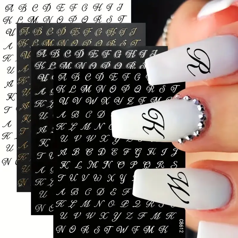 Roman Letter Nail Art Kits Stickers Set, Gothic Gold Silver Self-Adhesive DIY Manicure Decorations, 4 Piece Pack, Gothic Letters, Gothic Style, Nail Art Designs