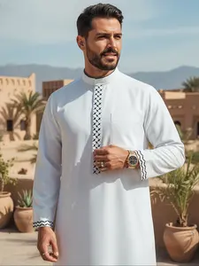 Men's Arabic Middle Eastern Traditional Clothing, Authentic Saudi Thobe, Classic Stand Collar with Geometric Embroidery, Long Sleeve Fitted Style