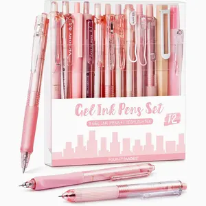 Four Candies 12PCS Pastel Gel Ink Pen Set with Case,【Buy 2 Get 1】 Retractable 0.5mm Fine Point 11PCS Black Ink Pens with 1PCS Highlighter,Aesthetic Pens for School Student Note Taking,Writing,Office Stationery&Supplies,Quick Drying magical pen Summervibes