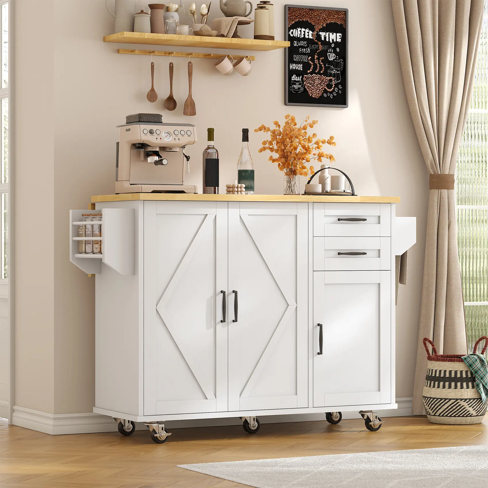 Rolling Kitchen Island On Wheels, Kitchen Island Cart with Drop Leaf Countertop, Barn Door Island Table with Storage Cabinet and 2 Drawer, 5 Wheels, Towel Rack and Spice Rack, White