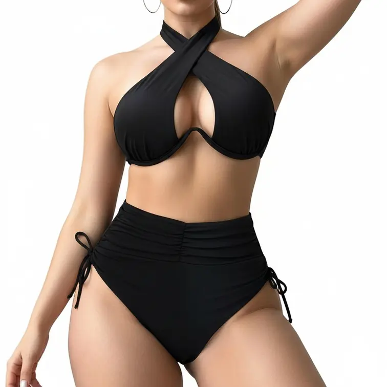Black Criss Cross Halter Bikini Set, High Waist Ruched Tummy Control Swimsuit, Sexy Cutout Bathing Suit Y2KBikini Flattering Beachwear Sexy Cutout Halter Bikini solid color elegant swimwear 2 piece