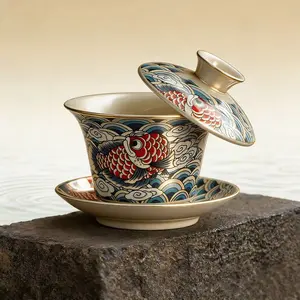 Koi Fish Ceramic Gaiwan Tea Set - Traditional Chinese Tea Cup with Lid & Saucer | Lucky Carp Pattern for Tea Ceremony & Gifting