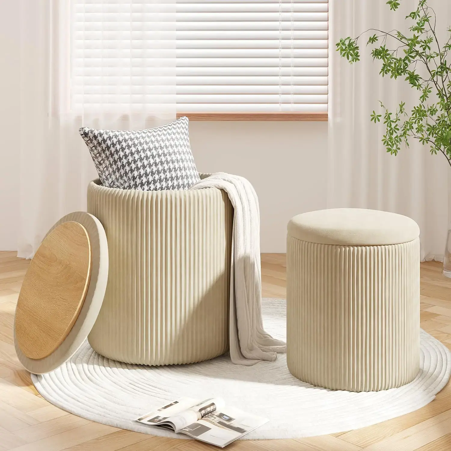 [Summer Vibes] Set of 2 Beige Velvet Round Ottoman Vanity Stools with Storage, Multifunctional Home Organizer Footrest for Living Room