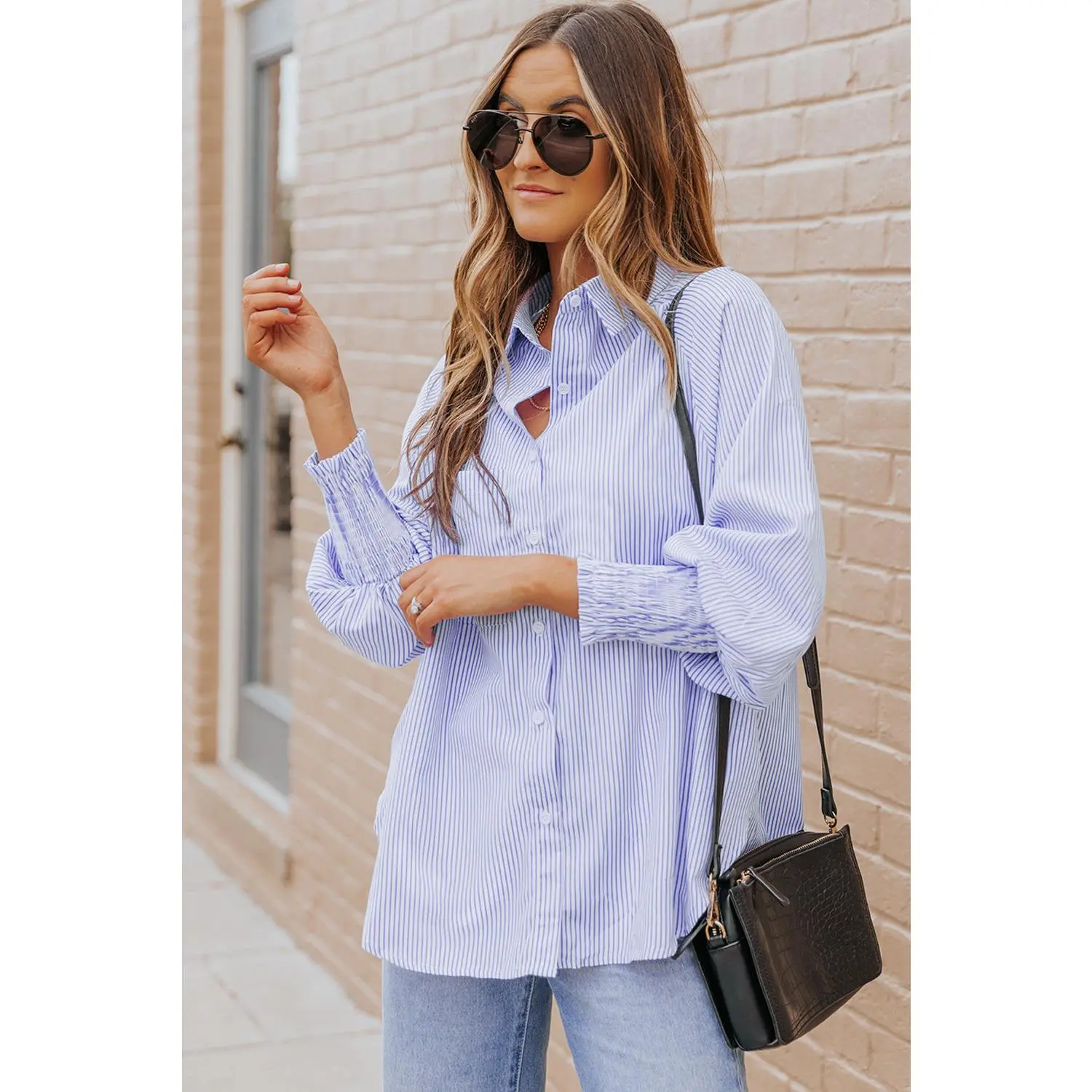 Light Blue Striped Shirred Cuffs Shirt - Fitted Long Sleeve Top with Pocket for Everyday Wear & Casual Outings