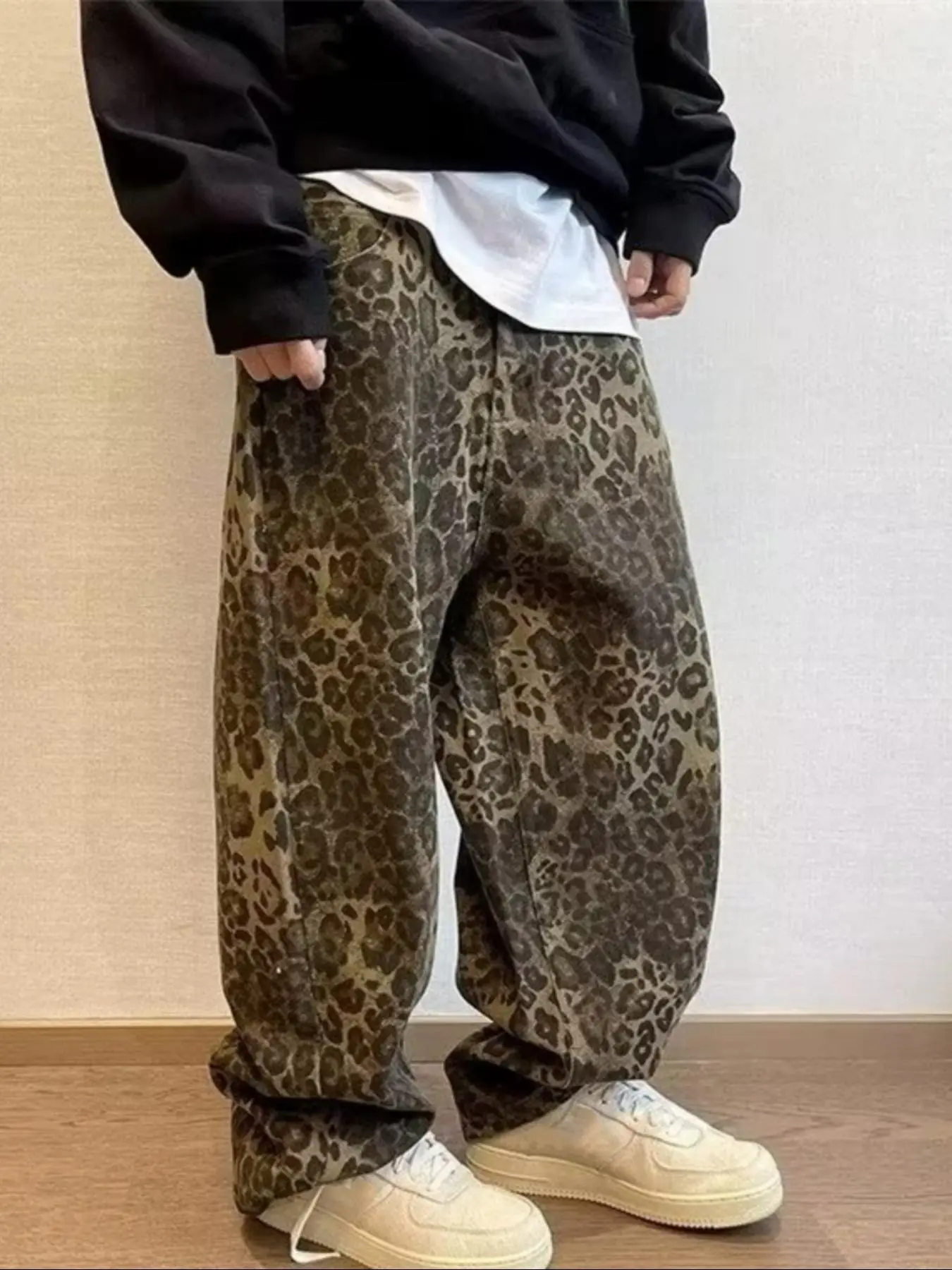 Men's Leopard Print Baggy Oversized Wide Leg Jeans, Loose Casual Fashion Comfy Denim Trousers for Daily Wear, Fashion Men's Bottoms for All Seasons