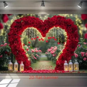 2D Flat, [Party Banner]1pcs Romantic Red Rose Love Arch Party Banner - Heart-Shaped Polyester Photo Backdrop with Fairy Lights & Lanterns, Perfect for Home Decor, Room Wall Decor, And Party Supplies/ Gifts,