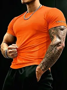 Men’s Muscle Fit Orange Ribbed Gym T-Shirt - Quick-Dry Moisture-Wicking Fabric, Reflective Strip Sleeve Detail, Breathable Stretchy Workout Top, One Tee Multiple Ways for Gym / Running / Training / Streetwear / Daily Outfits, All-Season Versatile Athletic