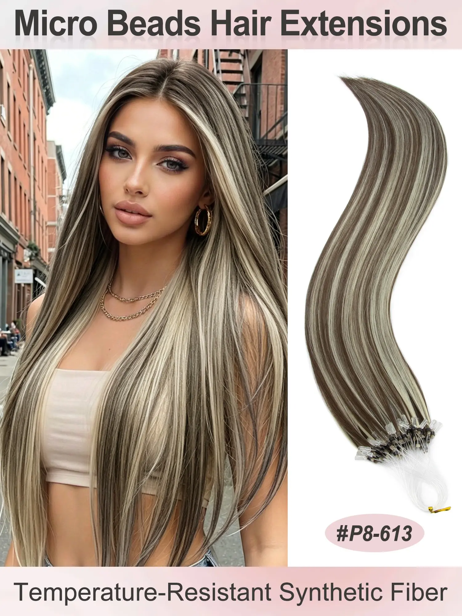 50 Strands Micro Beads Hair Extensions, 20inch Natural Straight Hair, 12 Colors, Add Volume & Length, Synthetic Hair for Women, Synthetic Fiber Extensions