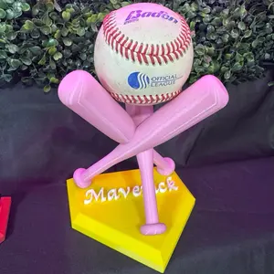 Softball Holder with Pink Bats and Yellow Base for Displaying Official League Baseballs - Perfect for Sports Enthusiasts