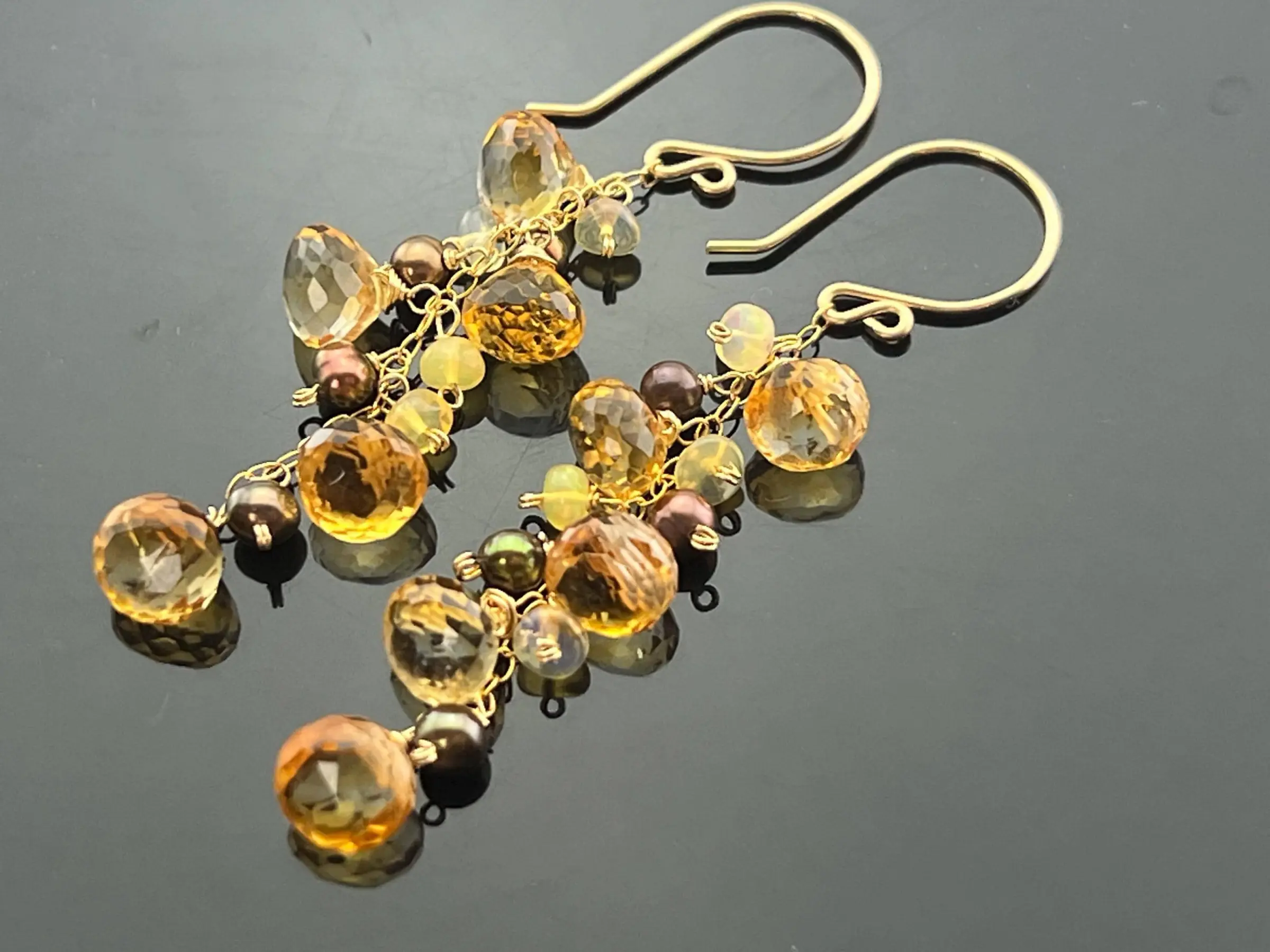 Citrine, Ethiopian Opal & Brown Pearl Cascade Earrings • 14K Gold Filled • Gemstone Dangle Earrings