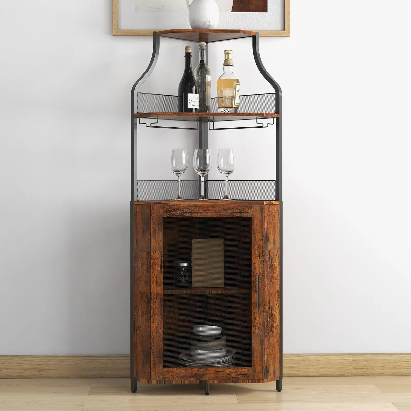 Garvee Corner Wine Cabinet - Freestanding Rustic Brown Liquor Cabinet with Wine and Glass Rack, Storage Shelves for Kitchen, Dining Room, and Living Room