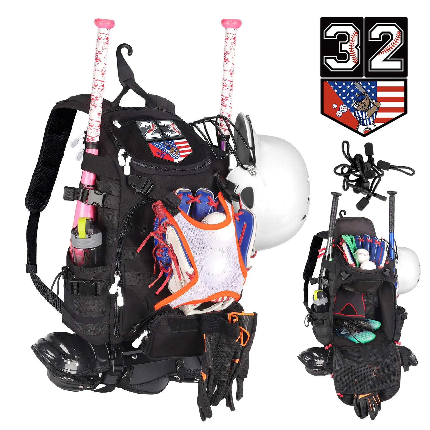 Unisex Softball/Baseball Backpack with Dual Bat Holders, Helmet Compartment, Game Storage, Molle Hook, Shoes Compartment & Water Bottle Pocket for Youth, Adjustable Padded Shoulder Straps, Adults, Custom Number & Flag Patches, Molle System, 44Cm, Nylon, V