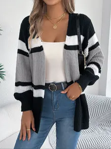 Women's Striped Knitted Fabric Cardigan Sweater, Womenswear Casual Vacation Style, Fall Winter Fashion, Long Sleeve Drop Shoulder Fitted Design, Knitwear