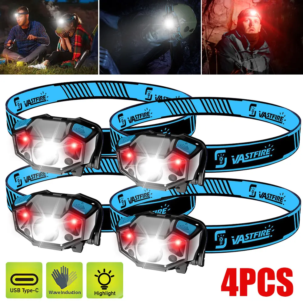 VASTFIRE Rechargeable High Lumen Headlamp - 300LM Flashlights, Type-C Fast Charge USB Work Light with 1/2/3/4 Ports, Red Beam, 3 Modes, Adjustable Headband, Motion Sensor, 70° Adjustable Angle, IPX4 Waterproof for Hiking, Light Outdoor Activities