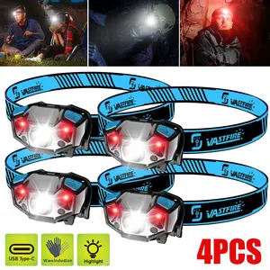 VASTFIRE 4/3/2/1USB Rechargeable Headlamp 300LM LED with Red Light 3 Modes Adjustable Headband Human Sensor 70° Tilt IPX4 Waterproof for Camping Hiking Fishing