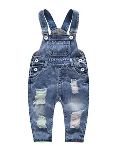 Toddler Boys Girls Denim Overalls, 12M-5T Ripped Jean Overall Pants with Adjustable Straps, Bib Pocket & Button Sides