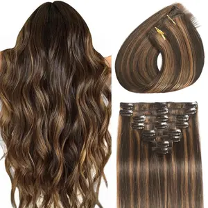 Clip in Hair Extensions Real Human Hair Seamless Balayage Human Clip ins Extensions for Women Invisible Straight 8Pcs Double Weft Dark Brown Highlight Chestnut Brown 16inch 90g