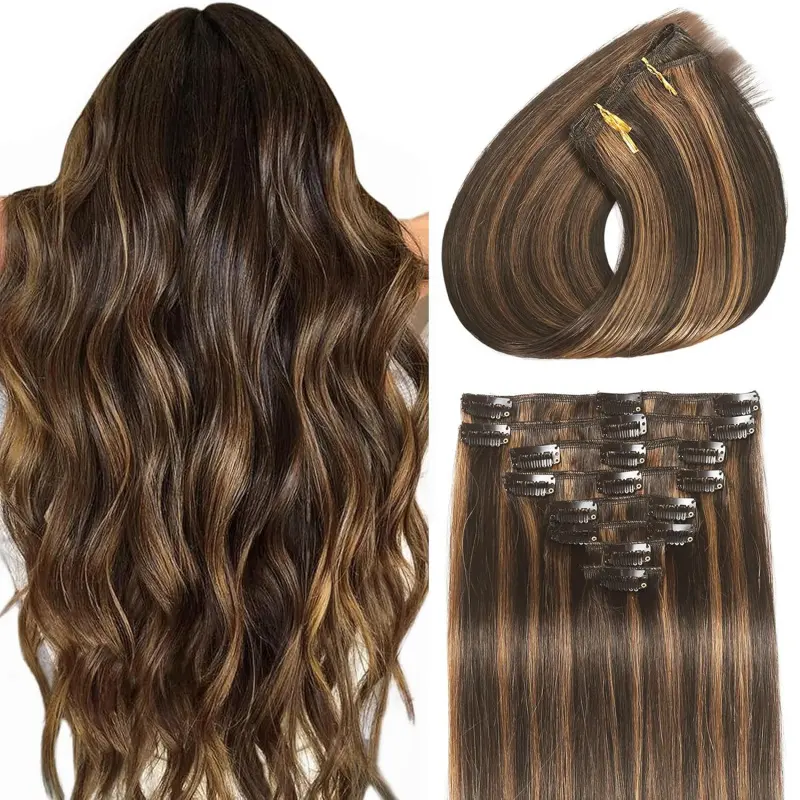 Invisible Clips Brazilian Remy Real Human Hair Clip-in Extensions for Women, Seamless Straight Balayage, Dark Brown Highlight Chestnut Brown, 8Pcs Double Weft, 16in 90g (Sports & Outdoor Protective Gear Accessory), Hair Extensions, Clip In Hair Extensions