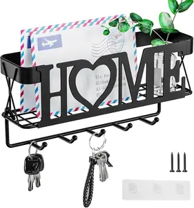 Key Holder for Wall - Key Rack with 5 Key Hooks, 11.02" L×2.75" W×4.92" H, Key and Mail Organizer Wall Mount with Mesh Basket, Key Hanger for Wall, Entryway, Home Decor(Matte Black)