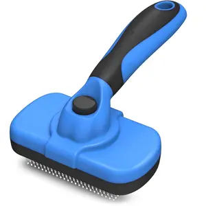 Self Cleaning Slicker Brush for Dogs & Cats – Skin-Friendly Deshedding Grooming Tool for Shedding & Long/Short Haired Pets, Easy Hair Removal Button, Professional Pet Grooming Supplies, Blue