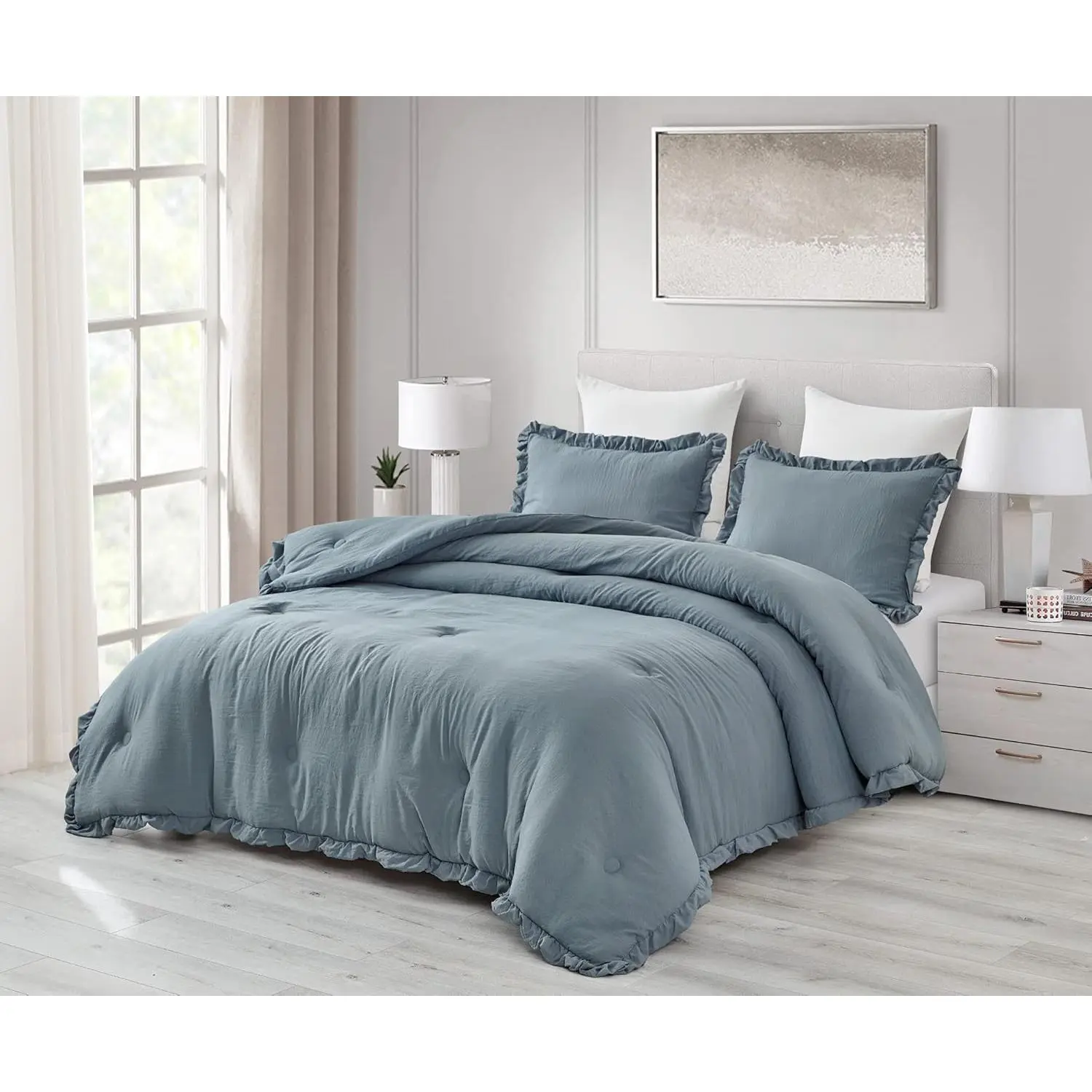 Nora Queen-Size Vintage Shabby Chic Synthetic All-Seasons Washed Microfiber Comforter - 3 Ruffled Edges Trim, Crinkled Texture, Chambray Blue, for Year-Round Sleep (Set Includes 3 Trim Pieces)