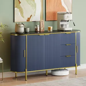 Sideboard Buffet Cabinet with Storage, 60" Modern Fluted Credenza Storage Cabinet with Faux Marble Top, 2 Curved Profile Sliding Doors & 3 Drawers, Coffee Bar Accent Table for Livingroom- Navy Blue