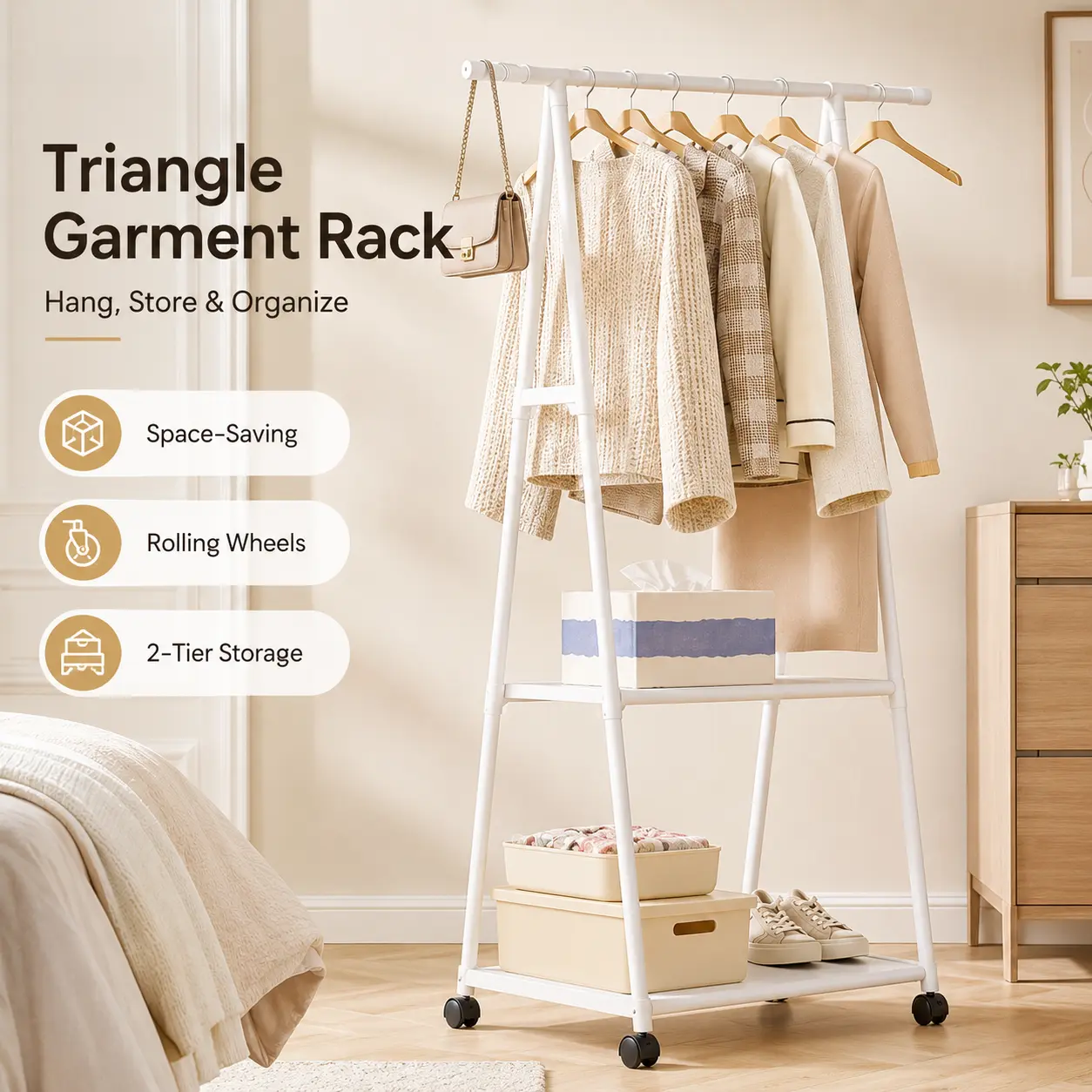 Triangle Garment Rack with Wheels, Freestanding Clothes Rack with 2-Tier Storage Shelves, Space-Saving Clothing Organizer for Bedroom, Closet & Entryway