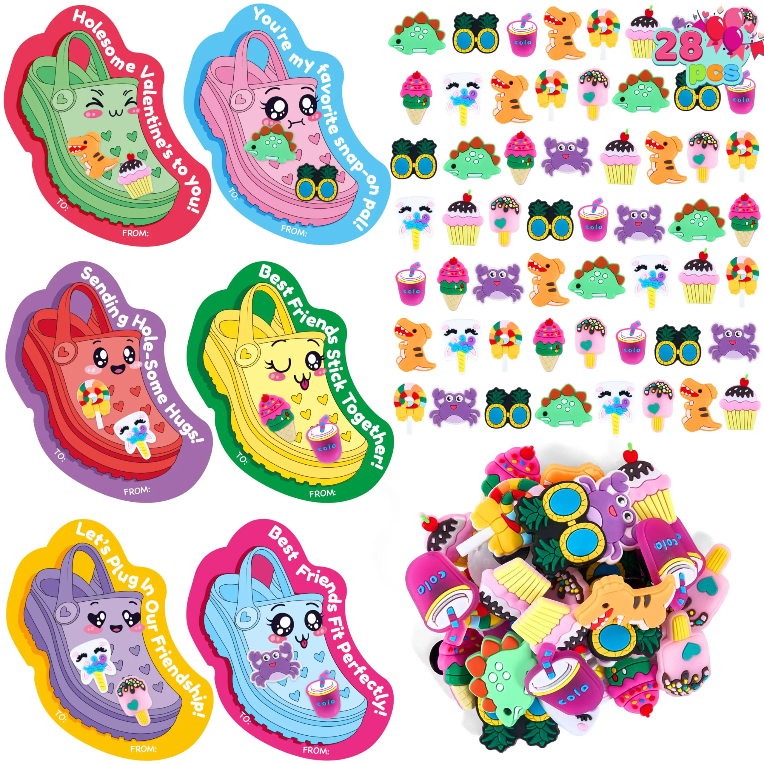 JOYIN 28 Pack Valentine's Day Shoe Charms with Greeting Cards, 56 Charms & 28 Shoe-Shaped Cards for Valentines Day Boys Girls Kids Gift Classroom Prize Treats Goodie Bag Stuffers Party Favor