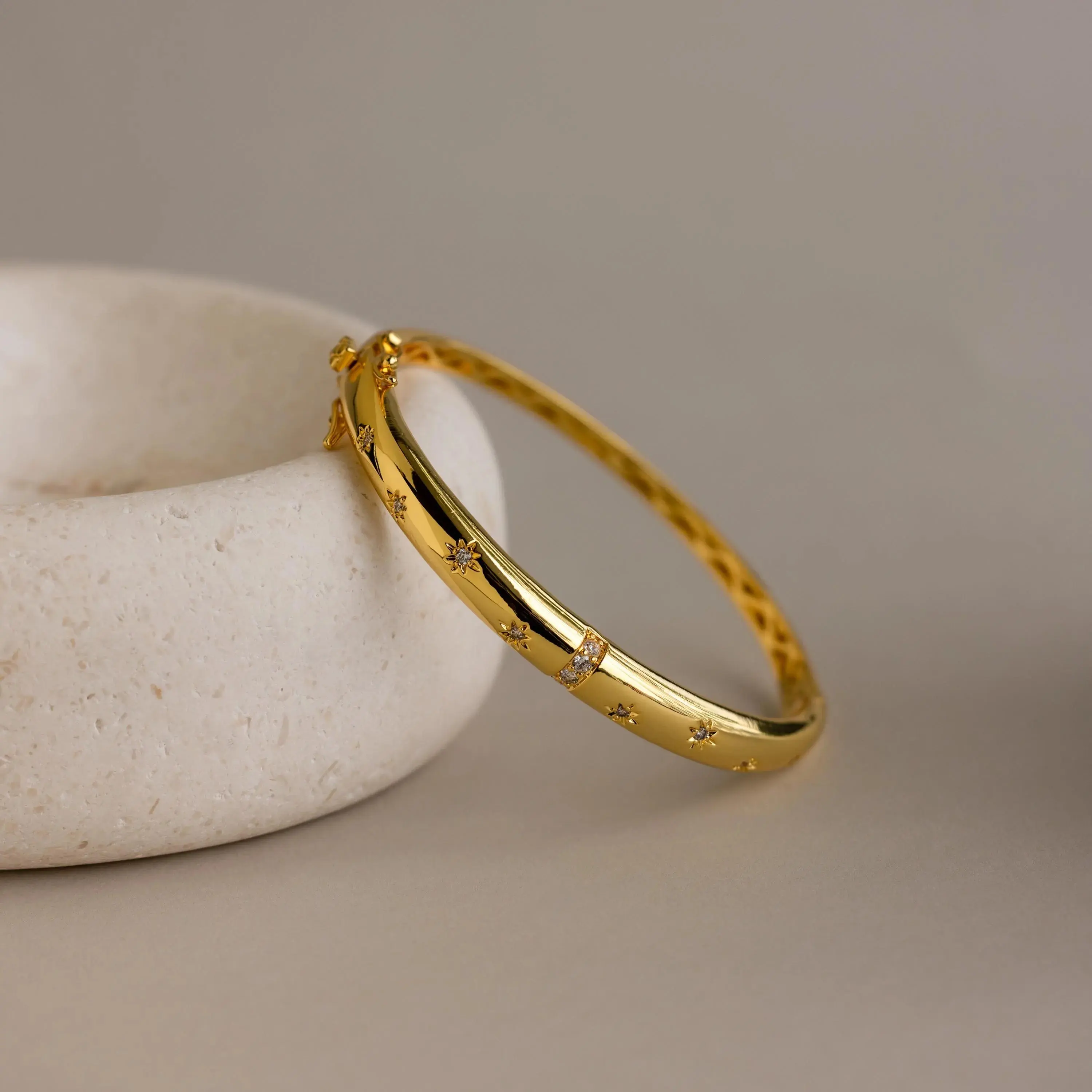 North Star Bangle Bracelet by Caitlyn Minimalist - Celestial Cubic Zirconia Diamond Bracelet - Chunky 18K Gold Plated Dome Star Bracelet - Gift for Her