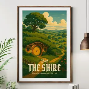 The Shire Travel Unframed Poster - Lord of the Rings Hobbiton Landscape Art Print - Retro Middle-earth Tourism Decor - Peaceful Fantasy Home Wall Art