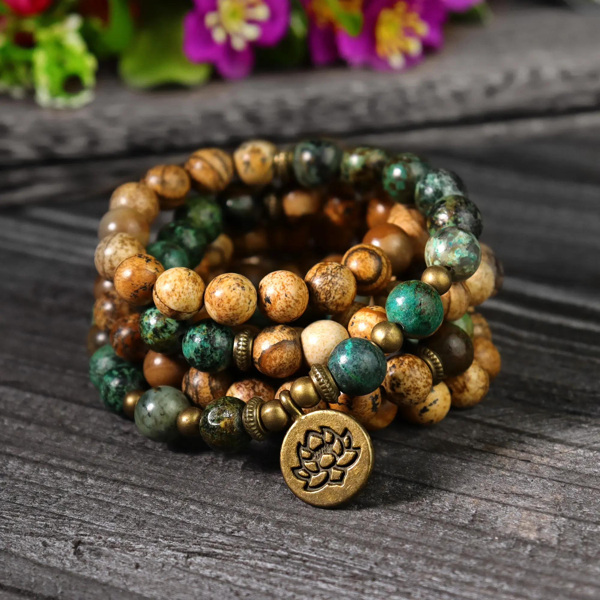 Unisex Stretchy 108-Bead Mala Bracelet, Natural Matte Picture Jasper & African Turquoise, Matte Earthy Look, Casual Ethnic Pattern Crystal Bracelets & Anklets for Healing Spiritual Protection, Casual Natural Crystal Bracelets & Anklets