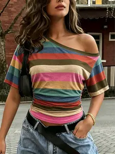 Women's Casual Striped Colorblock Off-Shoulder Slim Fit Short Sleeve T-Shirt Top, Summer Fashion, Multicolor Options, Perfect for Daily Wear