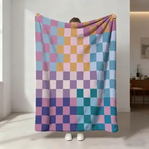 Simple Colorful Gingham Print Blanket, Breathable Flannel, All-Season Use, Sofa Bed Tail Bedroom Decor, Gift for Home Pets