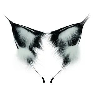 Black and White Cat Ear Headband with Metal Rod – Anti-Slip Cosplay & Daily Wear Hair Accessory