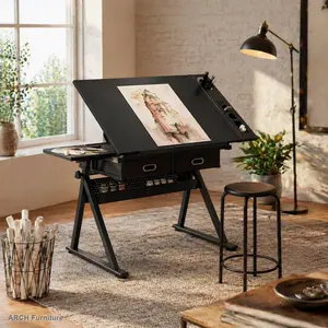 Adjustable Height Desk - 2-Drawer Ergonomic Flexible Multi-Drawer Drafting Table Set with Stool, Storage & Drafting Board for Home Office Art Studio, Black Workstation for Artists, Drawers Drafting Tables