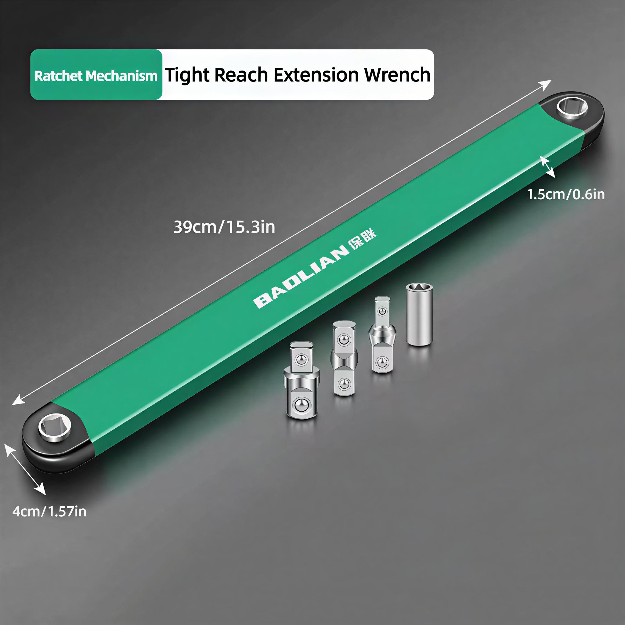 Professional Impact Ready Offset Extension Wrench Set with 4 Drive Adapters (1/4", 3/8", 1/2"), High-Torque Zero-Degree Swing Reach Tool for Automotive Repair, Tight Space Ratchet Extender