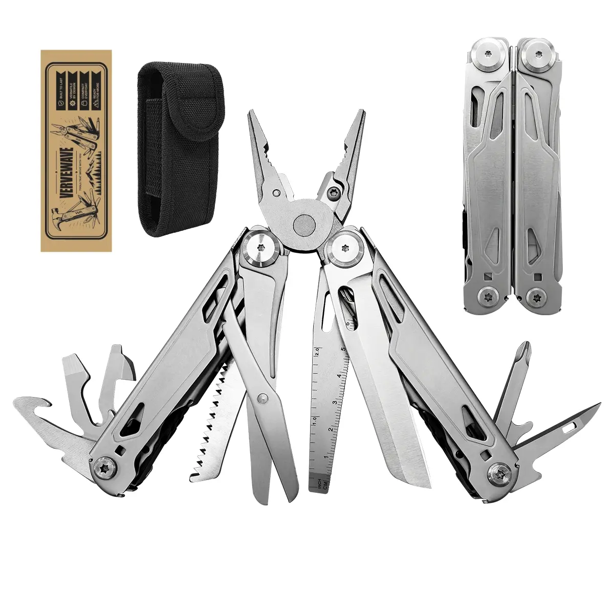 VerveWave 16-in-1 Compact Multitool, Locking Pliers, Folding Pocket Hand Tool with Pouch, Multifunctional Versatile Gadgets, Outdoor Use