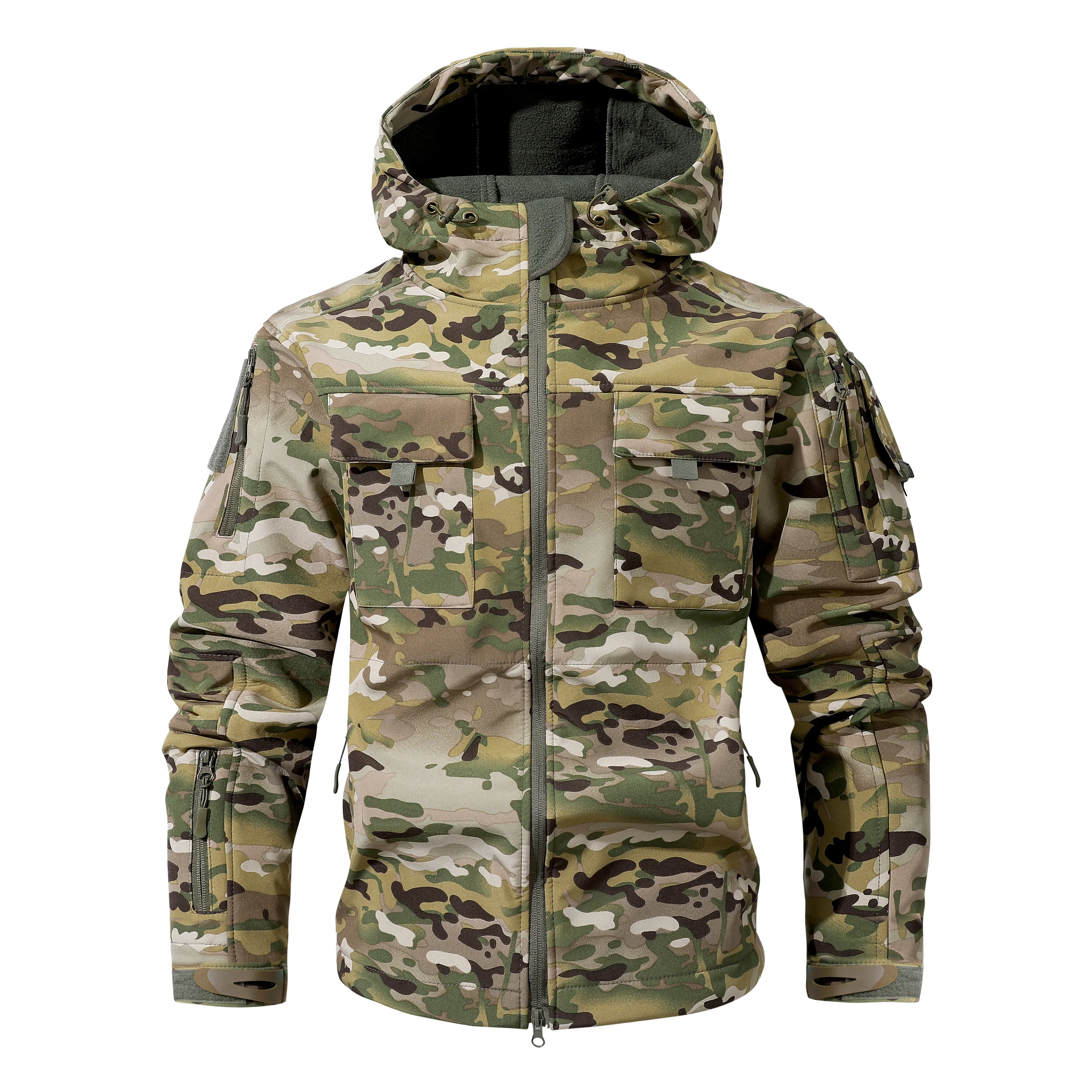 Men's Tactical Camo Fleece Jacket - Fitted Operator Style Pull-On Menswear Top with Hood, Mock Neck, and 9 Pockets, Tops, Street