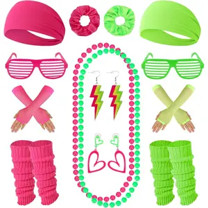 JATEBI 2 Set 80s 90s Neon Costume Accessories for Women 1980s Neon Headbands Earrings Scrunchies Leg Warmers Party Outfit Set for 80s 90s Theme Party Fancy Dress Masquerade2026