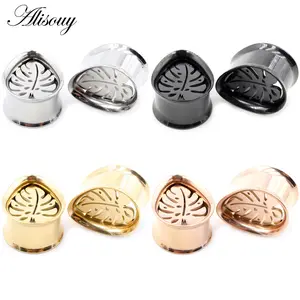 Alisouy 2pcs Stainless Steel Water Drop Hollow Leaf Ear Tunnels Plugs Expanders Stretcher Gauges Earrings Piercing Body Jewelry