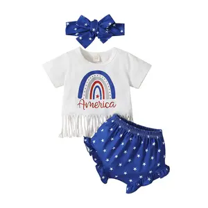 Baby Girl Toddler Jumpsuit Shorts Outfit Blue Pants Sets with Stars & Rainbow Pattern Cotton Blend Cute Clothes #springtok