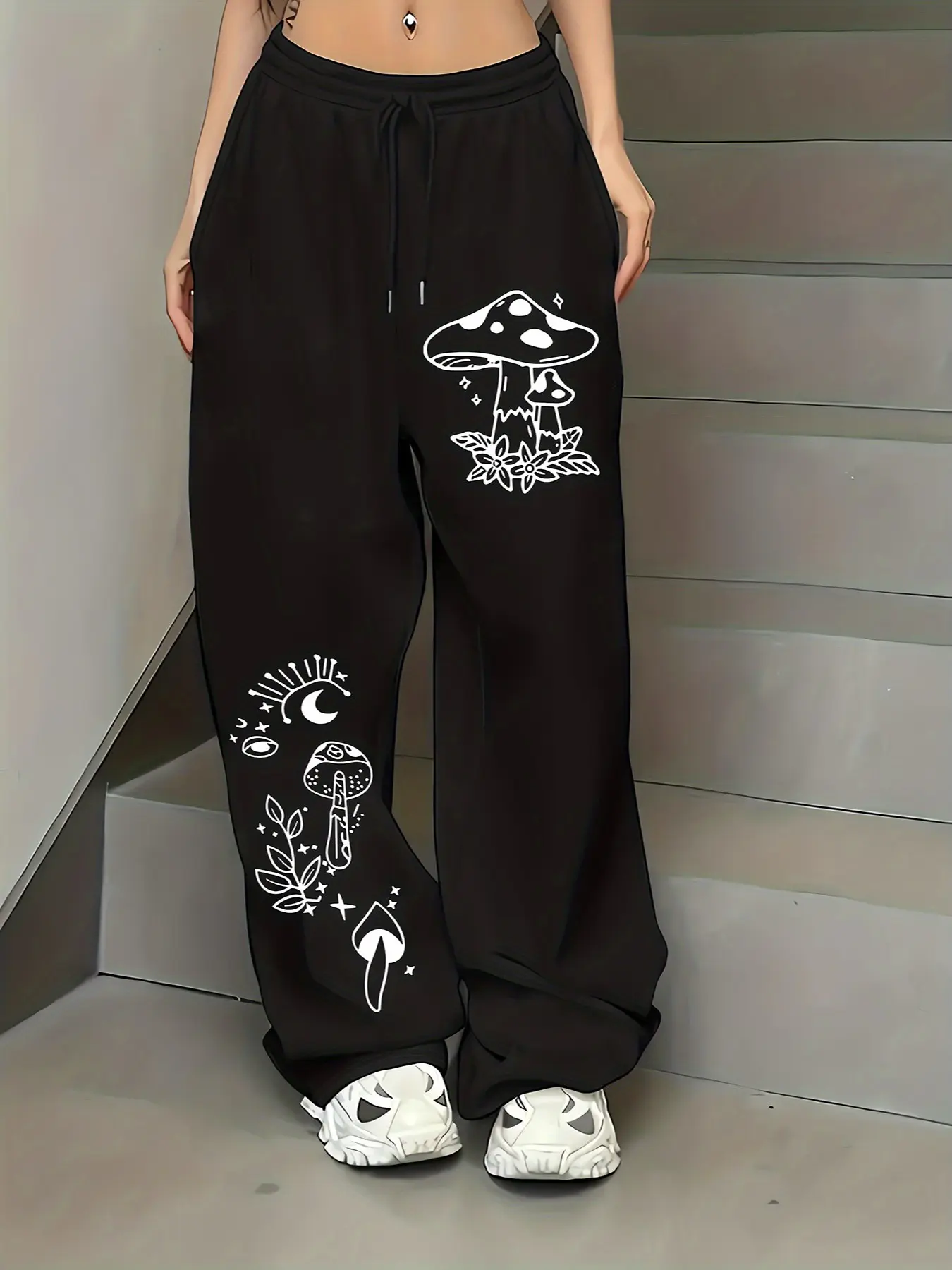 Mystical Mushroom & Moon Graphic Sweatpants - Psychedelic Streetwear Joggers Casual Athletic Jogging